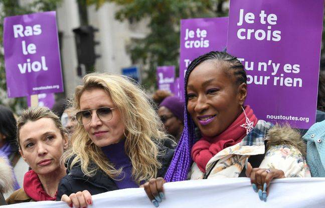 Alexandra Lamy, entourée d'Anne Marivin et Nadège Beausson-Diagne, dans une manifestation contre les violences faites aux femmes, le 23 novembre 2019, à Paris.