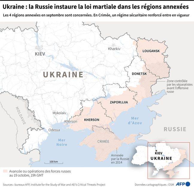 Carte d'Ukraine montrant les quatre régions annexées par la Russie en septembre et où le président russe a ordonné la loi martiale à compter du 20 octobre.