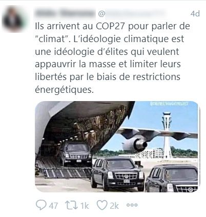 Capture d'écran d'un tweet viral montrant des limousines sortir d'un avion cargo.