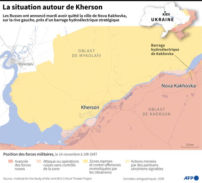 Carte localisant la ville de Kherson en Ukraine, alors que la Russie a ordonné mercredi le retrait de ses forces de la ville et de la rive droite du fleuve Dniepr.