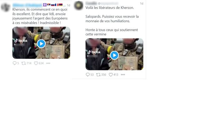Captures d'écran de tweets montrant la vidéo du militaire ukrainien et du prisonnier.