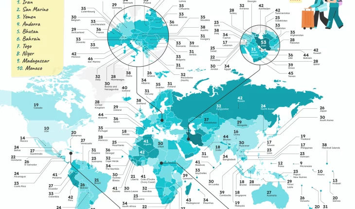 Carte mondiale du nombre de jours de congé par pays.