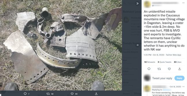 Capture d'écran d'un tweet du 8 octobre 2020 montrant la photo de débris de missile, mentionnant le Caucase.
