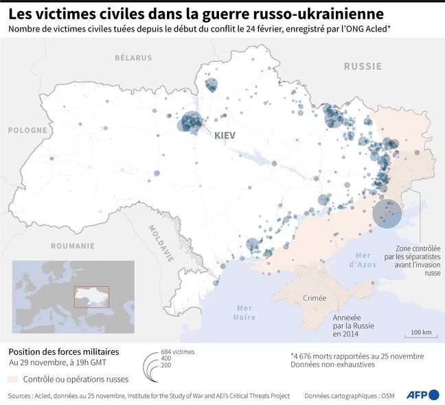 Carte de l'Ukraine montrant les victimes civiles enregistrées par l'ONG Acled depuis le début du conflit le 24 février
