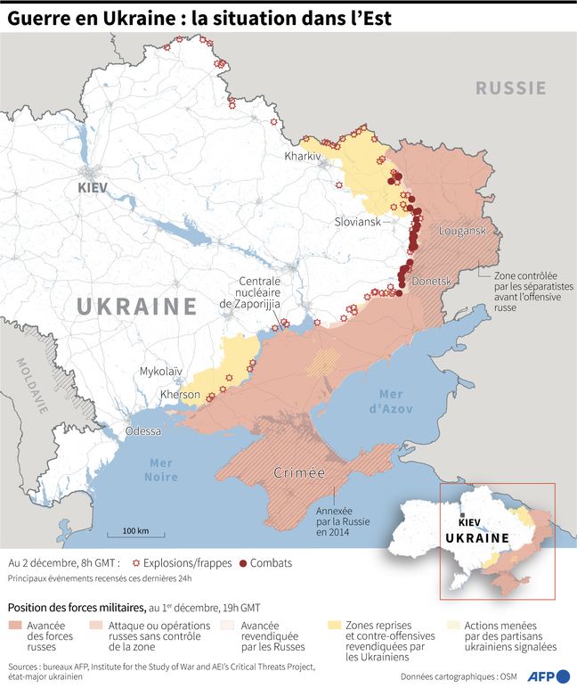 Carte de la situation en Ukraine au 2 décembre à 8h.