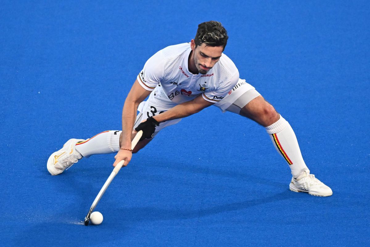 Belgium's Tanguy Cosyns pictured in action during a game between Belgium's Red Lions and South Korea in the first round (1/3) of the 2023 Men's FIH Hockey World Cup in Bhubaneswar, India, Saturday 14 January 2023. BELGA PHOTO DIRK WAEM