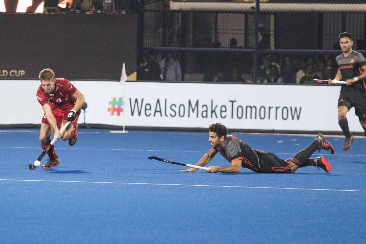 Belgium's Victor Wegnez (L) and Netherlands' Valentin Verga (R) pictured in action the final game between Belgian national hockey team the Red Lions and The Netherlands in Bhubaneswar, India, at the hockey World Cup, Sunday 16 December 2018. BELGA PHOTO SEBASTIEN TECHY