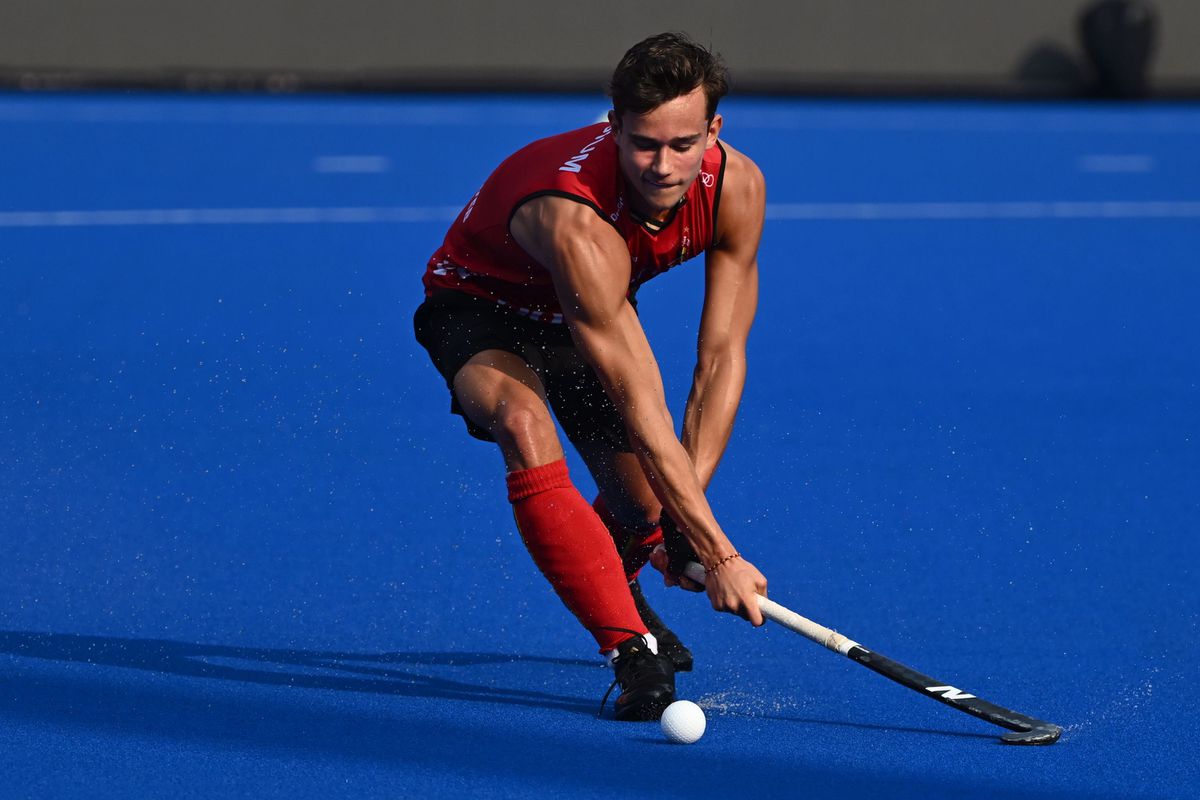 Belgium's Maxime van Oost pictured during a training session of the Belgian national hockey team, the Red Lions, at the 2023 Men's FIH Hockey World Cup in Bhubaneswar, India, Thursday 26 January 2023. Belgium finished 1st in the group stage. Tomorrow Belgium and the Netherlands will meet in the semifinals. BELGA PHOTO DIRK WAEM