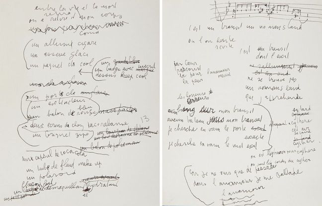 Ces deux manuscrits, l'un lié à "Ford Mustang" (à gauche), l'autre à "L'anamour" (à droite), reflètent le processus créatif de Serge Gainsbourg.