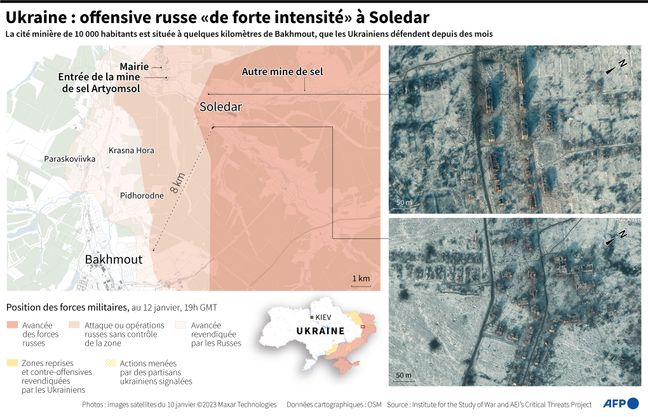 Carte d'Ukraine localisant les villes de Soledar et Bakhmout, le front de guerre, ainsi que les dégâts à Soledar visibles sur deux photos satellites de Maxar Technologies datant du 10 janvier