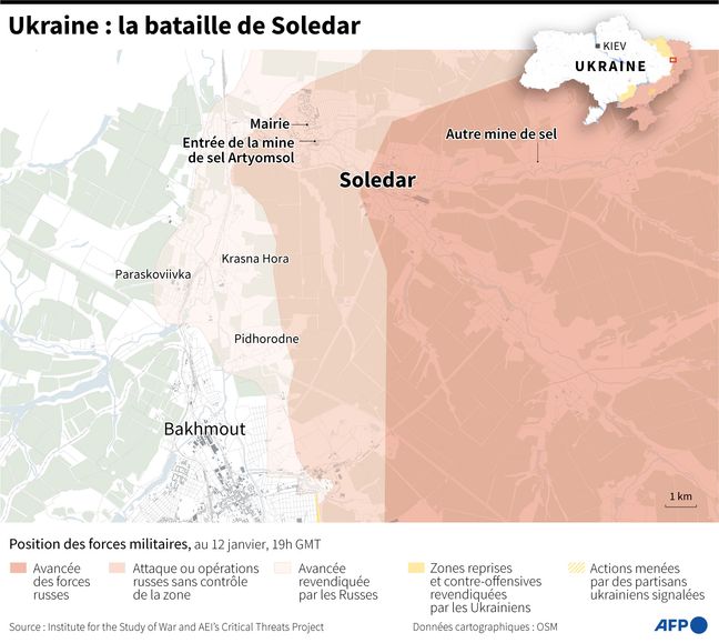 Carte d'Ukraine localisant les villes de Soledar et Bakhmout où s'affrontent les forces russes et ukrainiennes