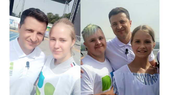 Viktoriia (à gauche), Danylo et Anna (à droite) avec le président ukrainien Volodymyr Zelensky.