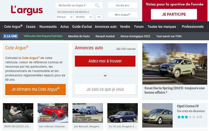Page d'accueil du site largus.fr