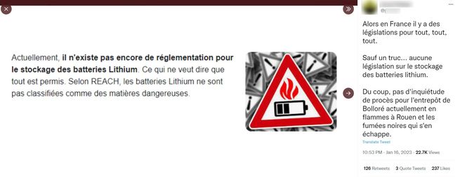 Capture d'écran du tweet affirmant qu'il n'y a pas de "légilsation sur le stockage des batteries au lithium", ce qui est inexact.