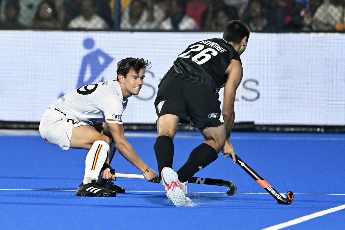 Bhubaneswar , India - January 24 : Van Oost Max defender of Belgium with Connor Greentree of New Zealand pictured during the FIH Hockey Men's World Cup 2023 match between Belgium and New Zealand on January 24, 2023 in Bhubaneswar , India, 24/01/2023 ( Photo by Philippe De Putter / Photonews