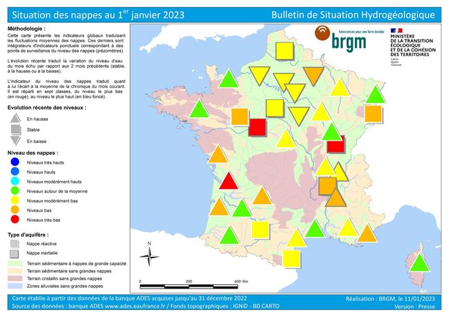 Carte du niveau de remplissage des nappes phréatiques françaises au 1er janvier 2023