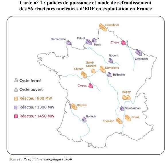 La carte des paliers de puissance et des modes de refroidissement des centrales nucléaires en exploitation en France.