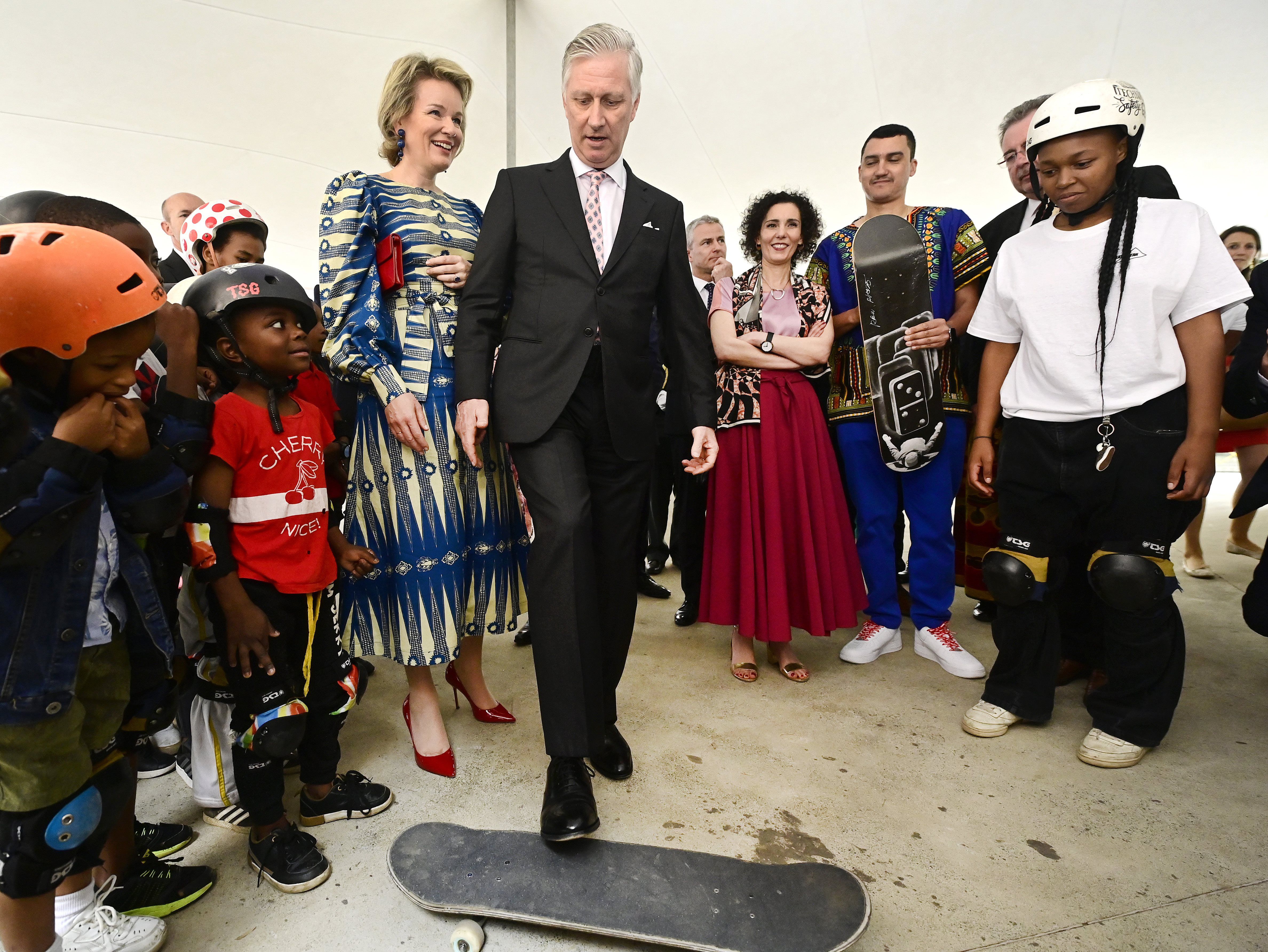 SOWETO, SOUTH AFRICA - MARCH 24 : State Visit of King Philippe and Queen Mathilde to South Africa (Day 3) - Queen Mathilde visits of the Emuseni day Care Centre (CECD) - King Philippe & Queen Mathilde visit the Hector Pieterson Museum in Soweto - King Philippe & Queen Mathilde visit the Skateistan's skate school - King Philippe & Queen Mathilde visit Beka-Shreder (solar pole production line, fiberglass pole production line) - Return event hosted by King Philippe & Queen Mathilde in honor of Matamela Cyril Ramaphosa President of South Africa on 24, 2023 in Soweto, South Africa, 24/03/2023 ( Photo by Didier Lebrun / Photonews