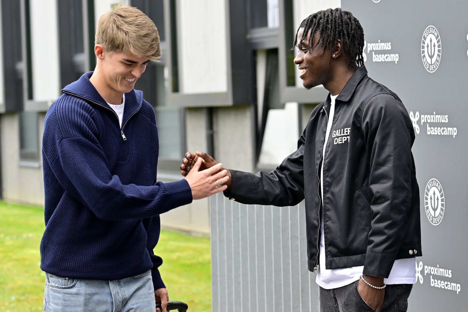Tubize, Belgium - March 20 : De Ketelaere Charles midfielder of Belgium and Lavia Romeo midfielder of Belgium arrives at the Martin's Red Hotel prior to the Euro 2024 qualification match against Sweden at the RBFA Headquarters on on March 20, 2023 in Tubize, Belgium, 20/03/2023 ( Photo by Peter De Voecht / Photonews
