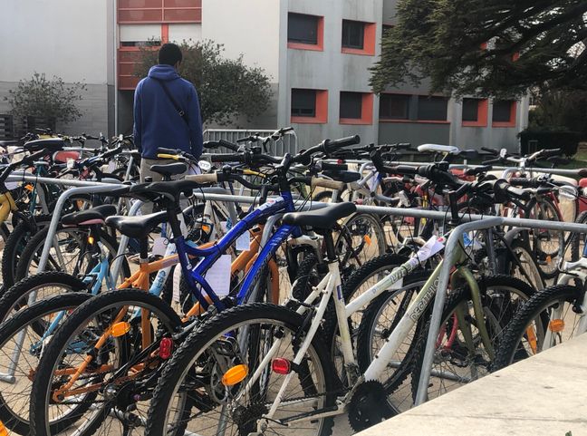 Un étudiant choisit un vélo, jeudi, dans les jardins de la cité universitaire Triolet, à Montpellier.
