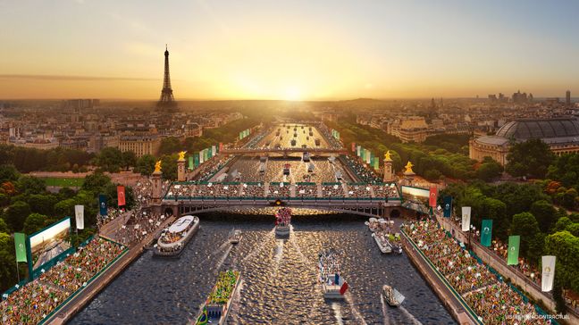 Une vue aérienne de la projection de la cérémonie d'ouverture des Jeux de Paris 2024.