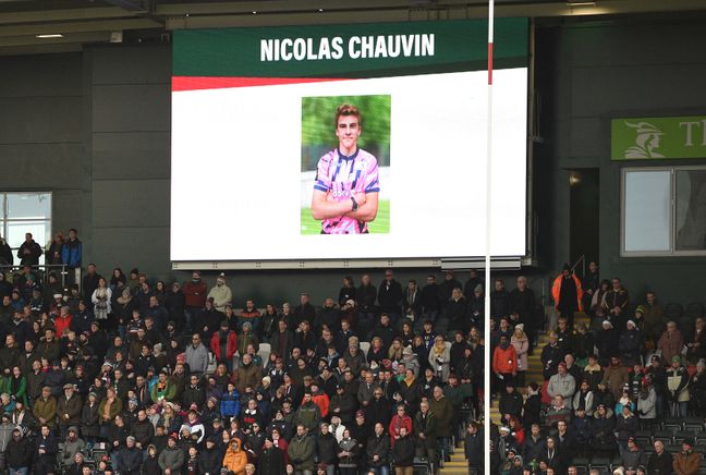 Le portrait de Nicolas Chauvin est projeté à Leicester, en Angleterre, lors d'un match de Champions Cup entre l'équipe locale et le Racing 92, le 16 décembre 2018.