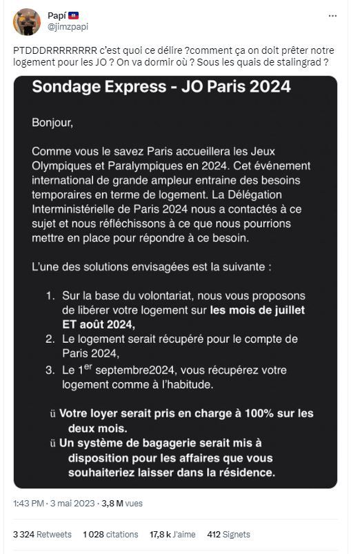 Selon les internautes, la mairie de Paris réalise un sondage afin de savoir si les parisiens pourrait céder leur logement pour la période des jeux olympiques.