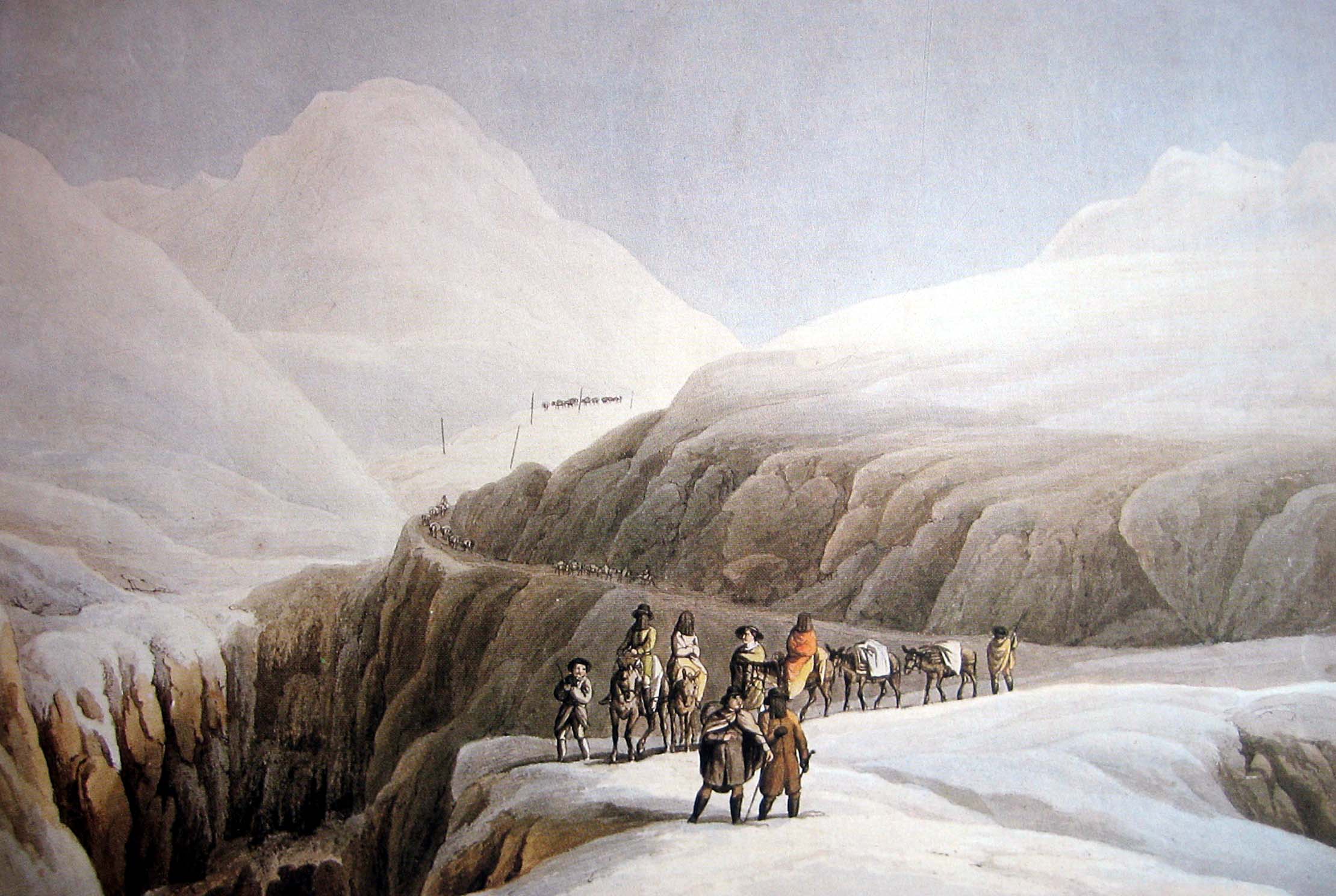 Dessin montrant le passage du Gothard au 19e siècle