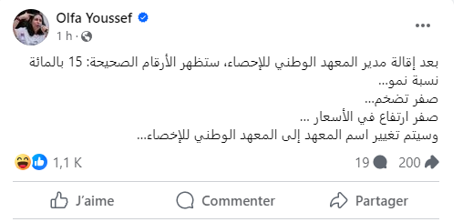 ألفة يوسف تتوقع أنه سيتم تغيير اسم المعهد الوطني للإحصاء بالمعهد الوطني للإخصاء - Actualités Tunisie Focus