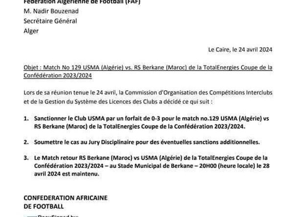 Affaire USM Alger – RS Berkane : la CAF rend son verdict