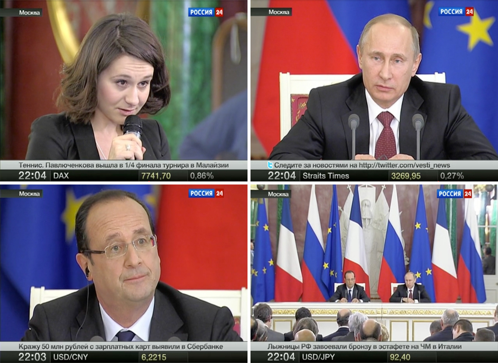 Quatre photos montrant une conférence de presse en Russie.