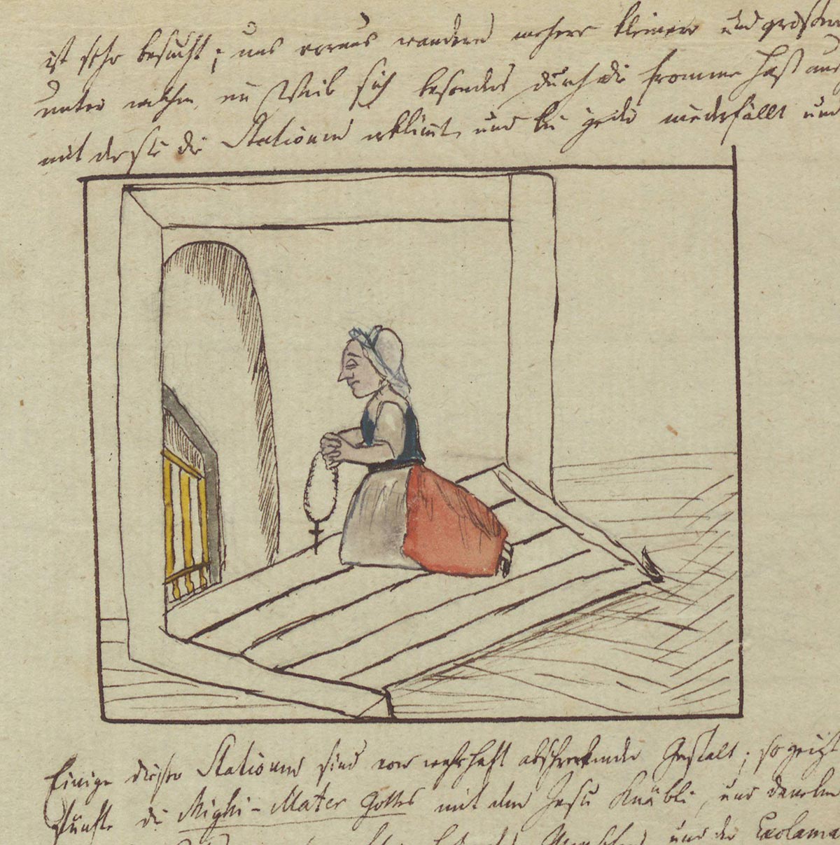 Page manuscrite avec un dessin montrant une femme en train de prier