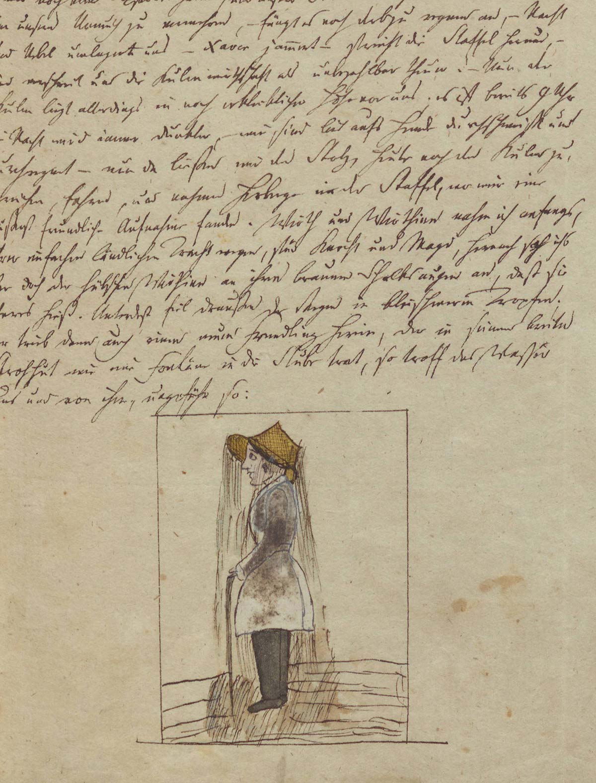 Page manuscrite avec un dessin représentant un homme tout mouillé