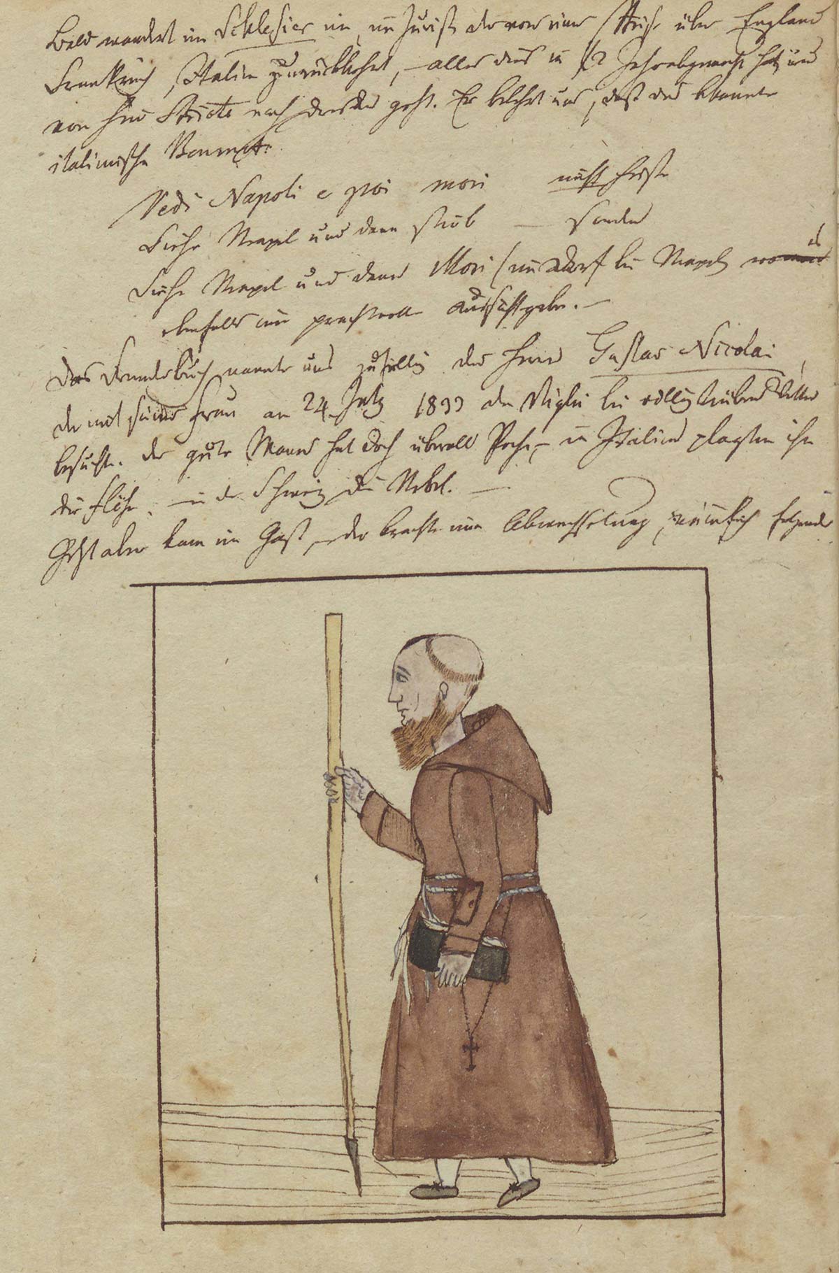 Page manuscrite avec un dessin représentant un moine