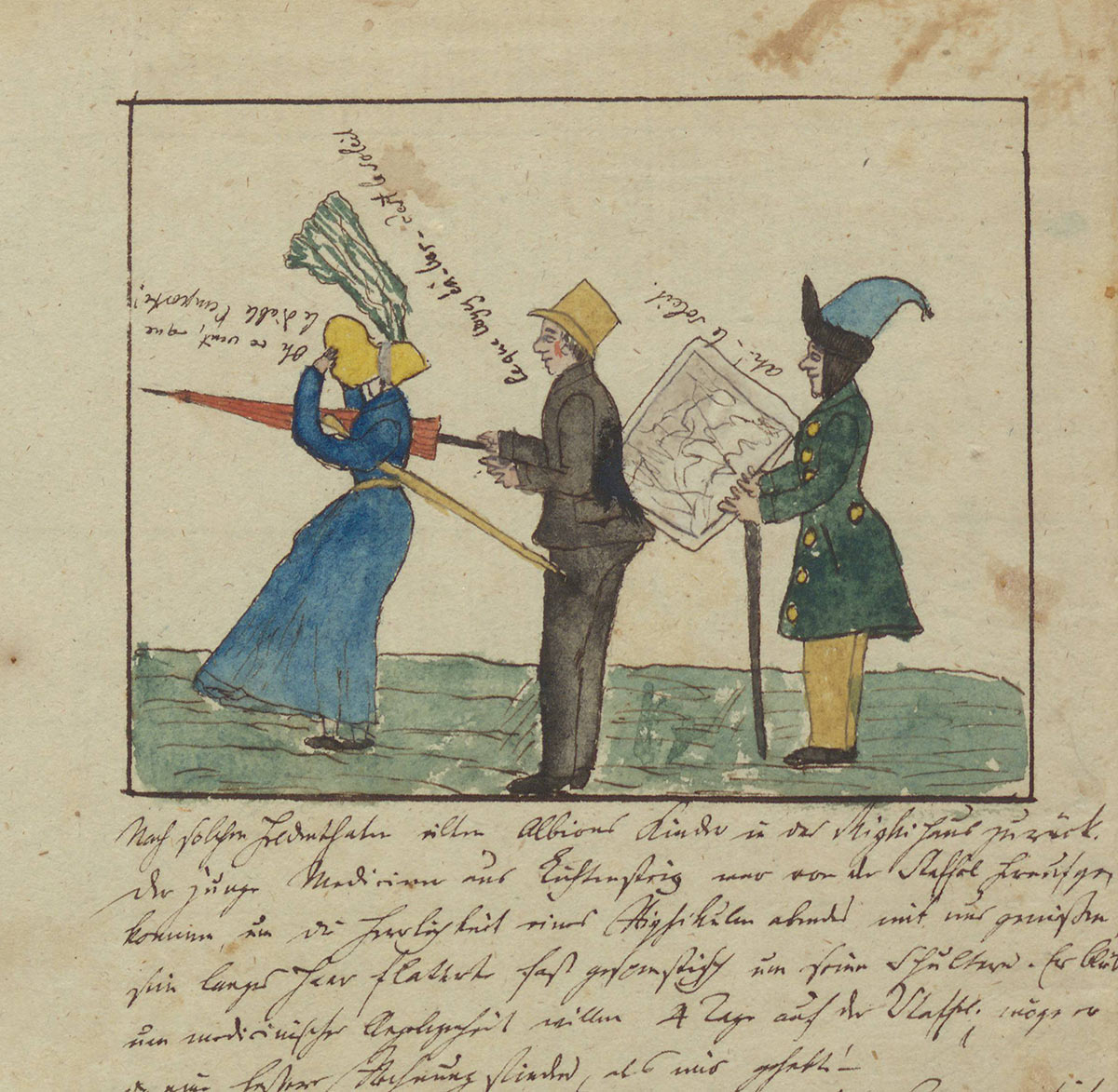 Page manuscrite avec un dessin représentant trois touristes anglais en ballade avec une carte