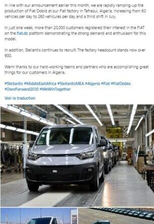 L'usine Fiat d'Oran livre 750 Fiat Doblo en 2 semaines