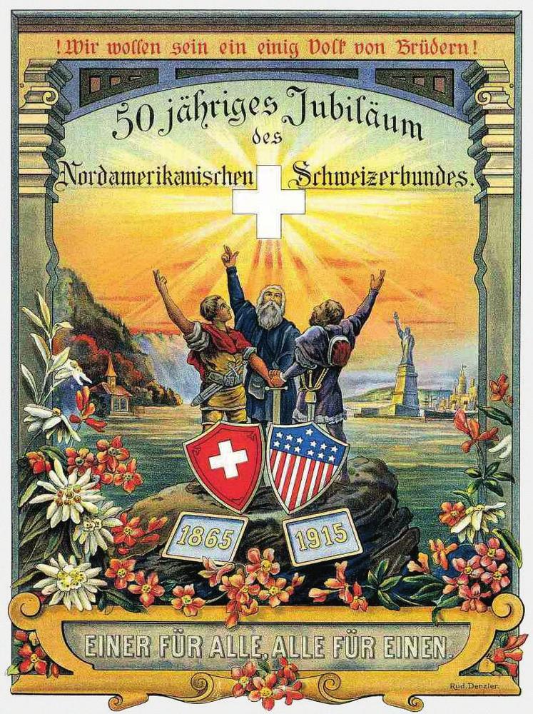 La page de couverture de la brochure du jubilé de la Fédération suisse nord-américaine, publiée dans le New Jersey en 1916. Deux mythes fondateurs y sont juxtaposés de manière symbolique. Le serment du Grütli est encadré par la statue de la Liberté à New York et la chapelle de Guillaume Tell au bord du lac des Quatre-Cantons.