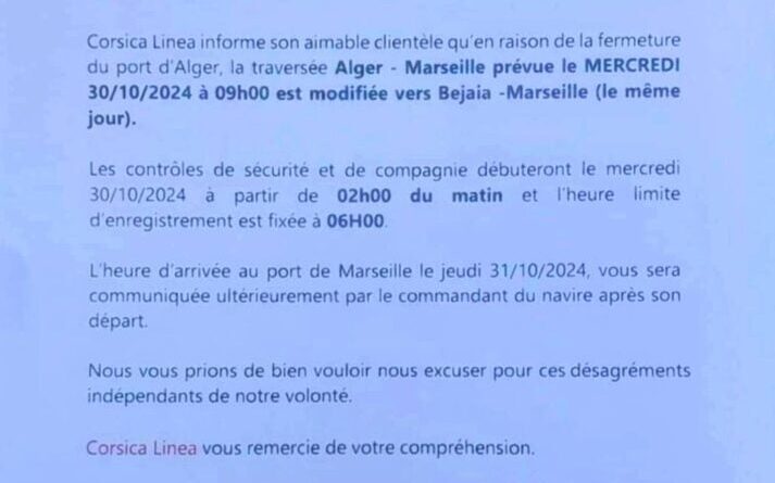 Traversée Alger – Marseille : Corsica Linea change son programme