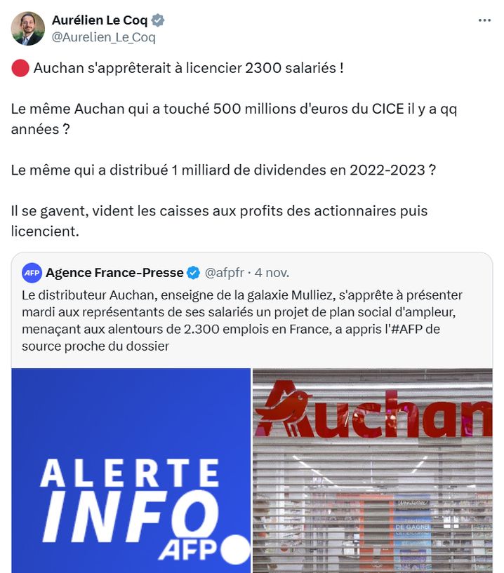 Aurélien Le Cop, député LFI du Nord, a rappelé que Auchan a bénéficié d'argent public alors que le groupe de distribution nordiste a annoncé un plan social d'ampleur.