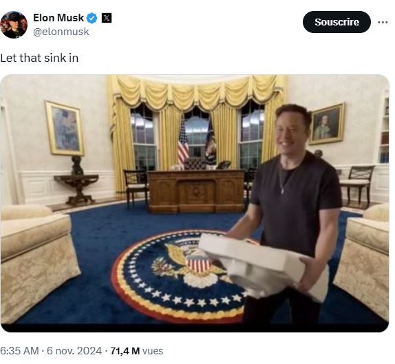 Elon Musk se réjouit de la victoire de Donald Trump en partageant ce même de lui, intégré dans le bureau ovale.