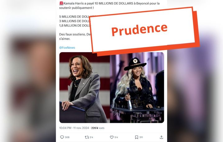 De nombreuses publications sur les réseaux sociaux affirment sans preuves que Beyoncé aurait touché 10 millions de dollars pour son soutien à Kamala Harris.