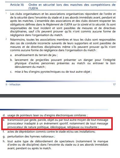 Extrait du règlement disciplinaire de l'UEFA.