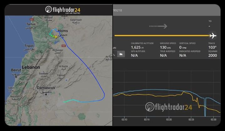 Capture écran du compte X de Flightradar24, retraçant le vol d'un avion Ilyushin Il-76T au-dessus de la Syrie, pouvant abriter Bachar al-Assad et sa famille.