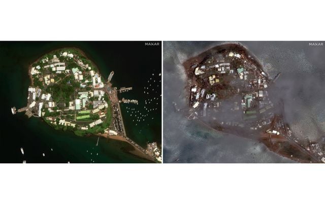 Cette image satellite, publiée par Maxar Technologies, montre les dégâts au port de Dzaoudzi sur le territoire français de Mayotte dans l’océan Indien après le cyclone Chido, le 16 décembre 2024.