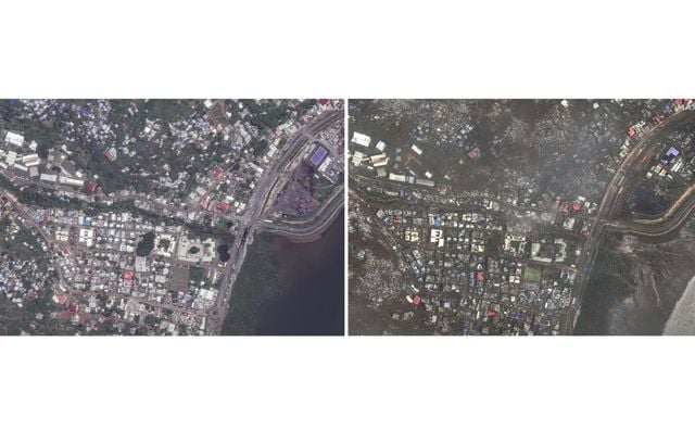 Cette combinaison d’images avant et après publiées par Maxar Technologies montre les dommages causés à la rue du Collège, à Mamoudzou, sur le territoire français de Mayotte, dans l’océan Indien, après le cyclone Chido, le 16 décembre 2024.