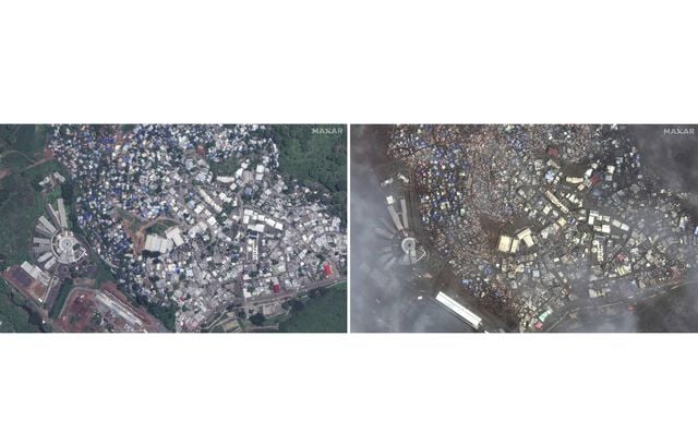 Cette combinaison d’images avant et après publiées par Maxar Technologies montre les dégâts causés au collège de Kwalé à Mayotte, après le cyclone Chido, le 16 décembre 2024.