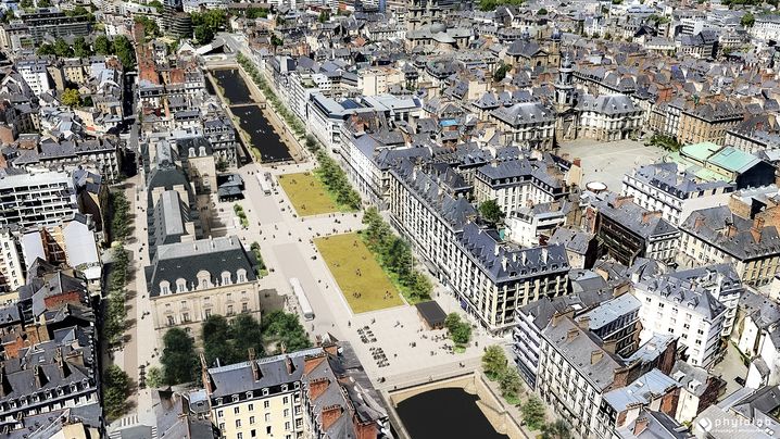 Vue aérienne du projet de réaménagement des quais de Vilaine et de la place de la République.