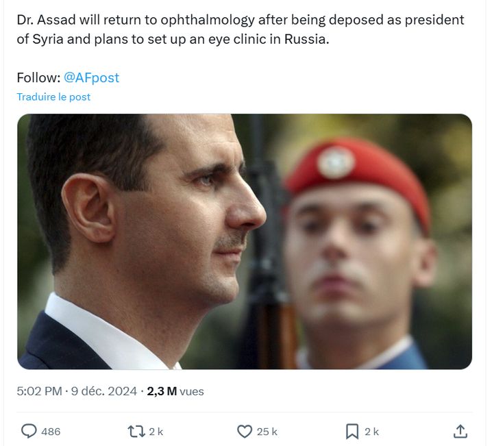 Ce message affirme, sans sources, que Bachar al-Assad prévoit de devenir ophtalmologue en Russie.