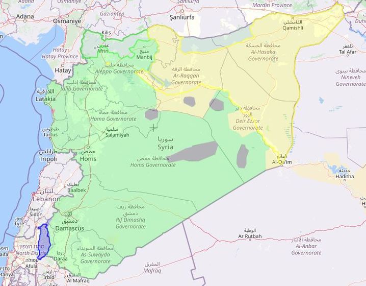 La présence de l'Etat islamique en Syrie et en Irak représentée par les cinq poches grises au cntre de la carte.