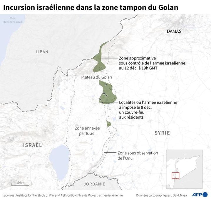 Carte du plateau du Golan et de la région environnante montrant l'avancée approximative de l'armée israélienne dans la zone tampon contrôlée par l'ONU,  au 12 décembre. 